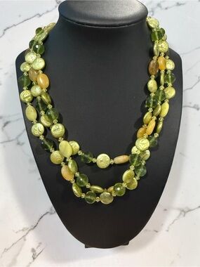 Green Gemstone Multi Strand Necklace Earthy Boho Peridot Chips Toggle Clasp